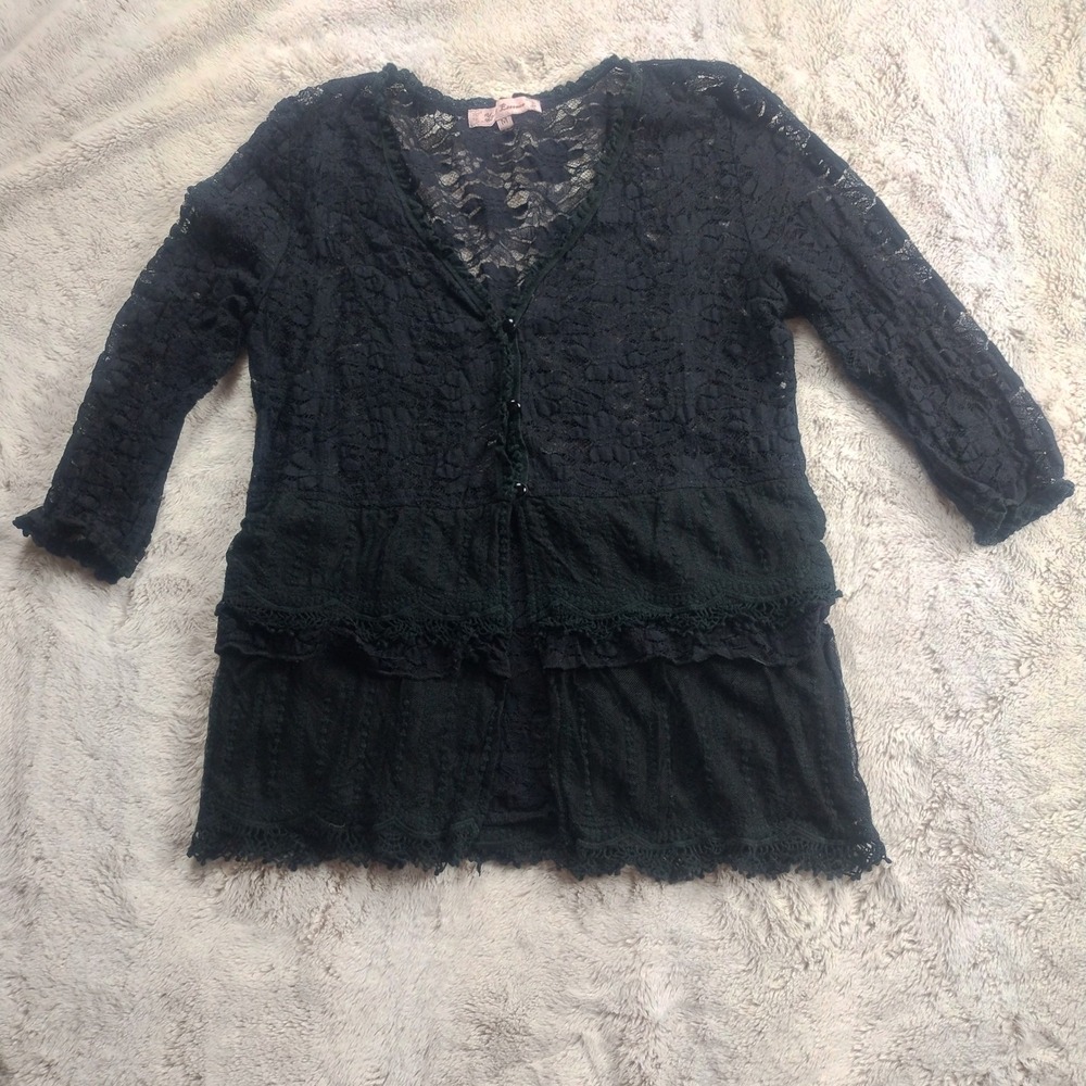 Young Essence Lace Sheer Cardigan Medium Black Ruffle Whimsigoth Dark Coquette